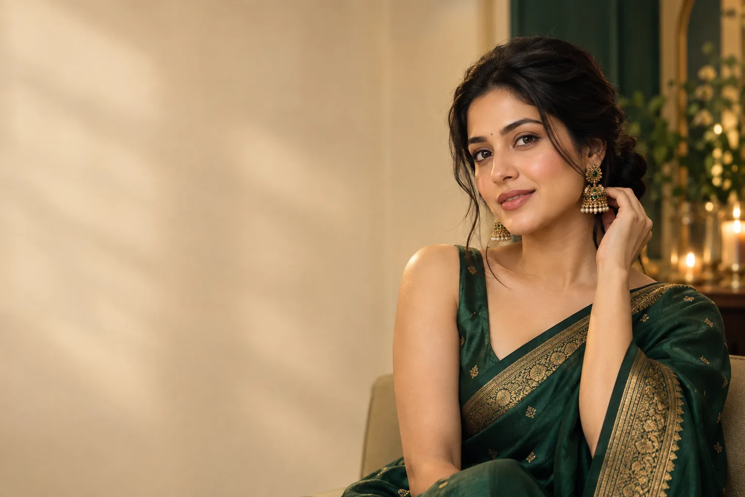 A woman in a deep emerald saree, lit softly, preparing for a festive evening celebration